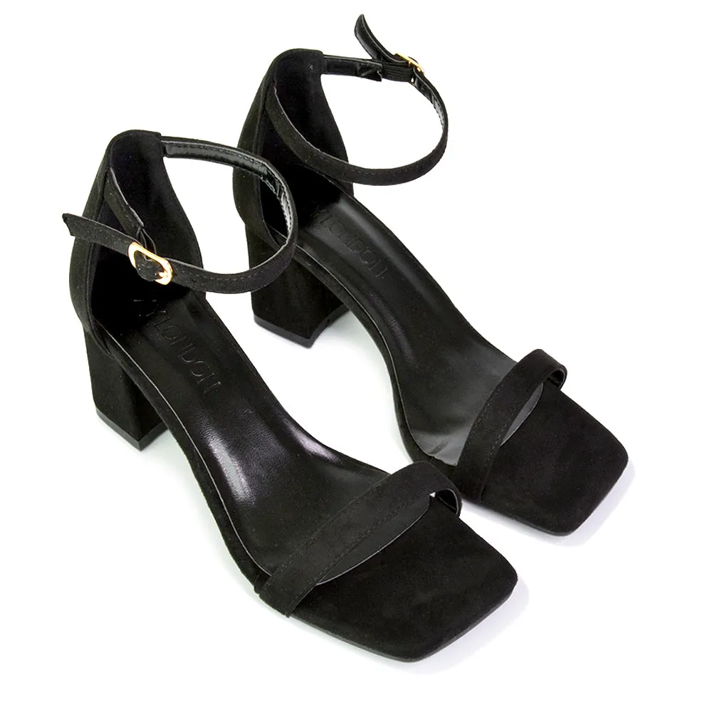 Antigoni Basic Strappy Low Mid Block Heel Square Toe Sandals in Black