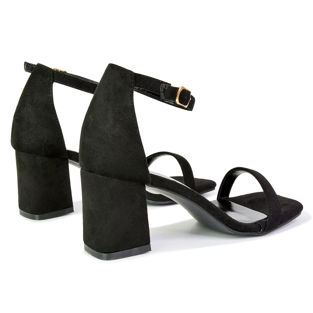 Antigoni Basic Strappy Low Mid Block Heel Square Toe Sandals in Black