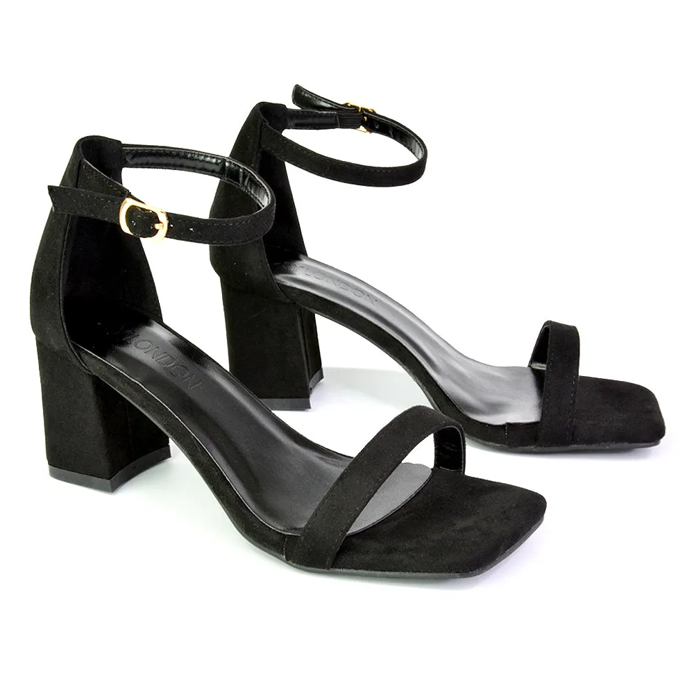 Antigoni Basic Strappy Low Mid Block Heel Square Toe Sandals in Black