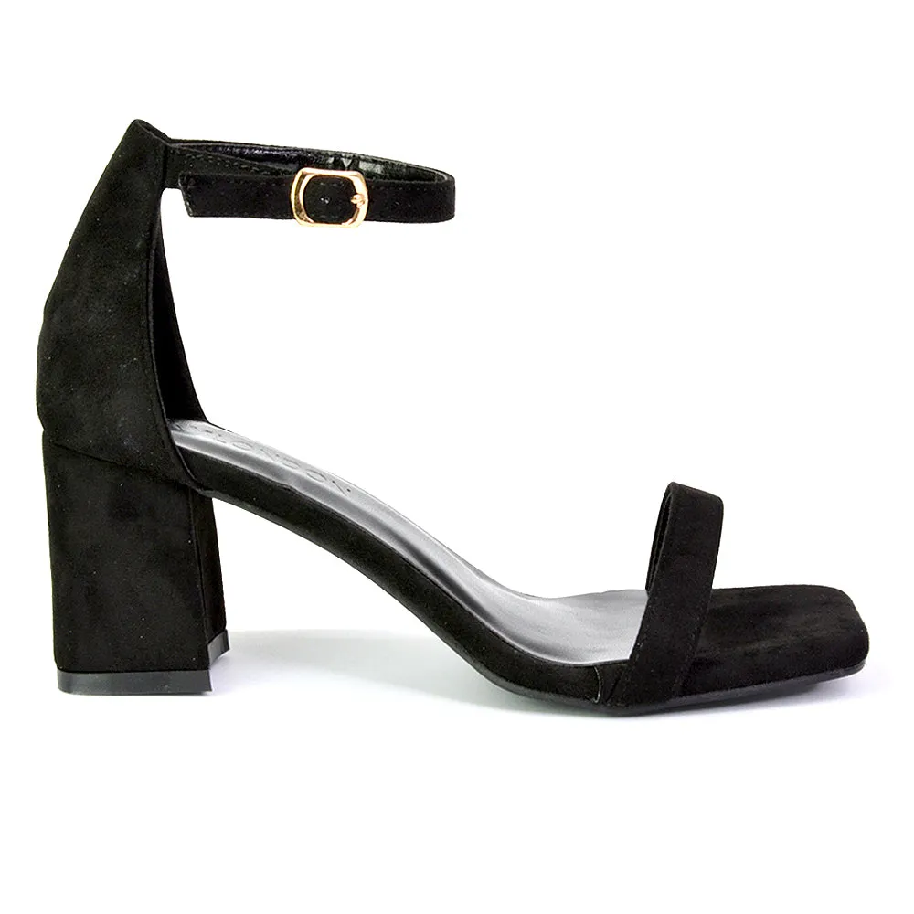 Antigoni Basic Strappy Low Mid Block Heel Square Toe Sandals in Black