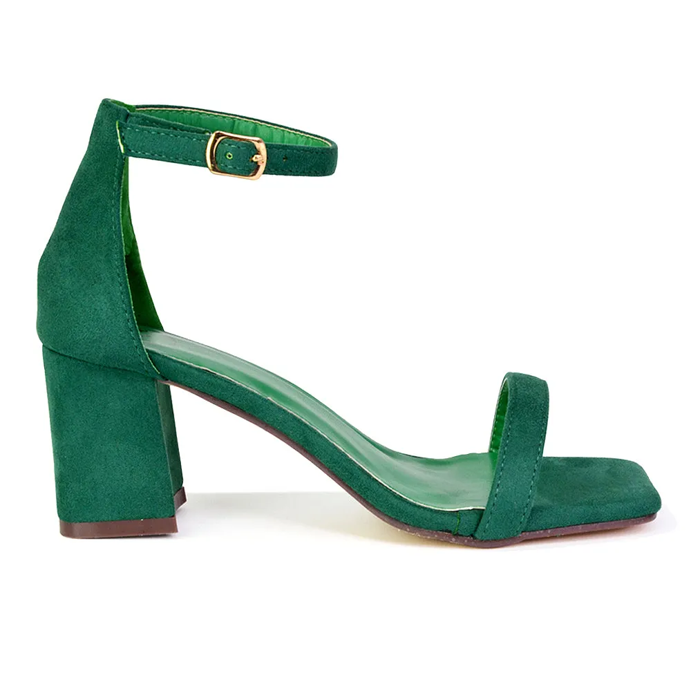 Antigoni Basic Strappy Low Mid Block Heel Square Toe Sandals in Green