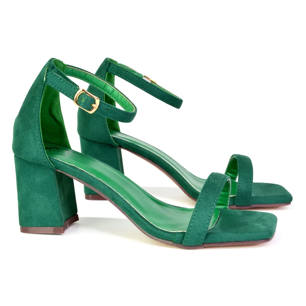 Antigoni Basic Strappy Low Mid Block Heel Square Toe Sandals in Green