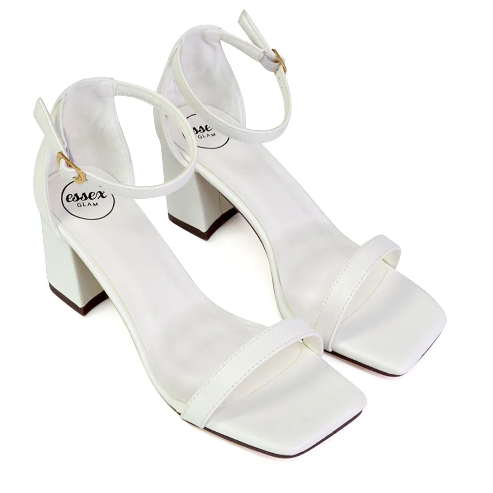 Antigoni Basic Strappy Low Mid Block Heel Square Toe Sandals in White