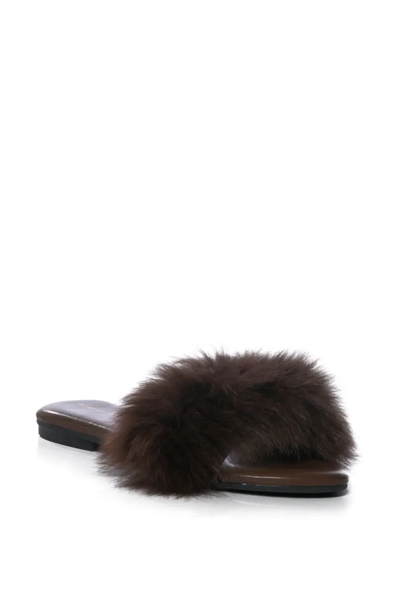 AZALEA WANG FOXY BASIC FUR FLAT SANDAL IN BROWN