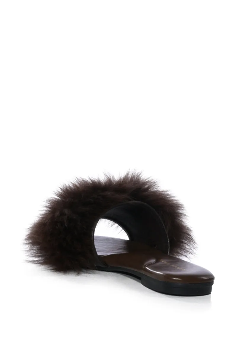 AZALEA WANG FOXY BASIC FUR FLAT SANDAL IN BROWN