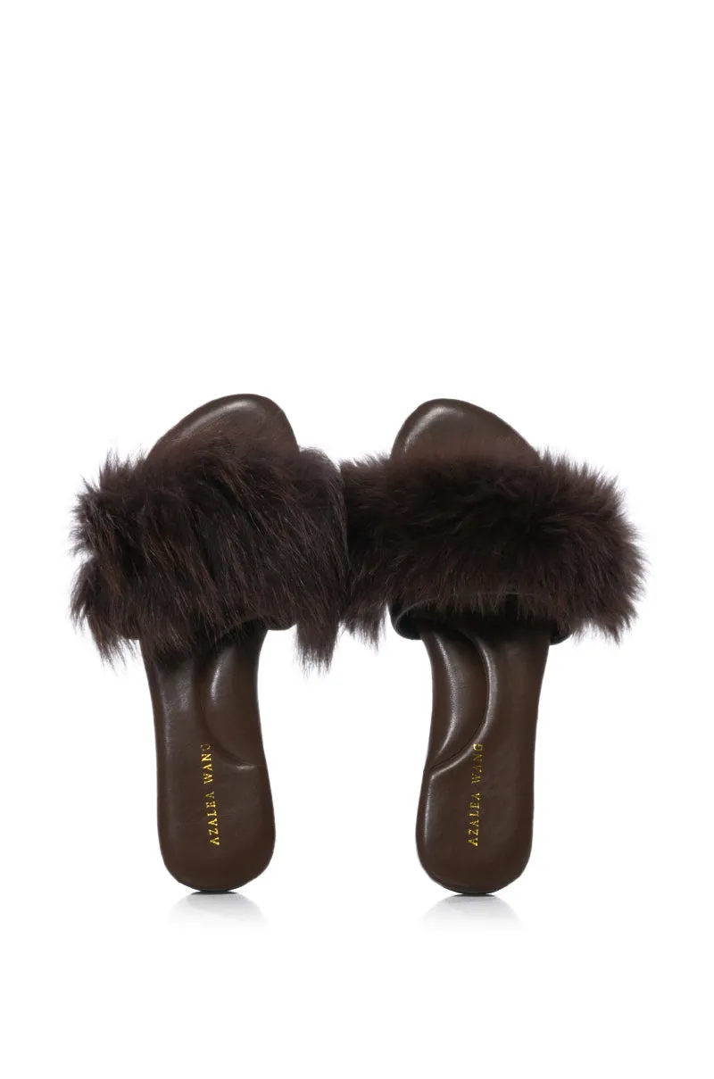 AZALEA WANG FOXY BASIC FUR FLAT SANDAL IN BROWN