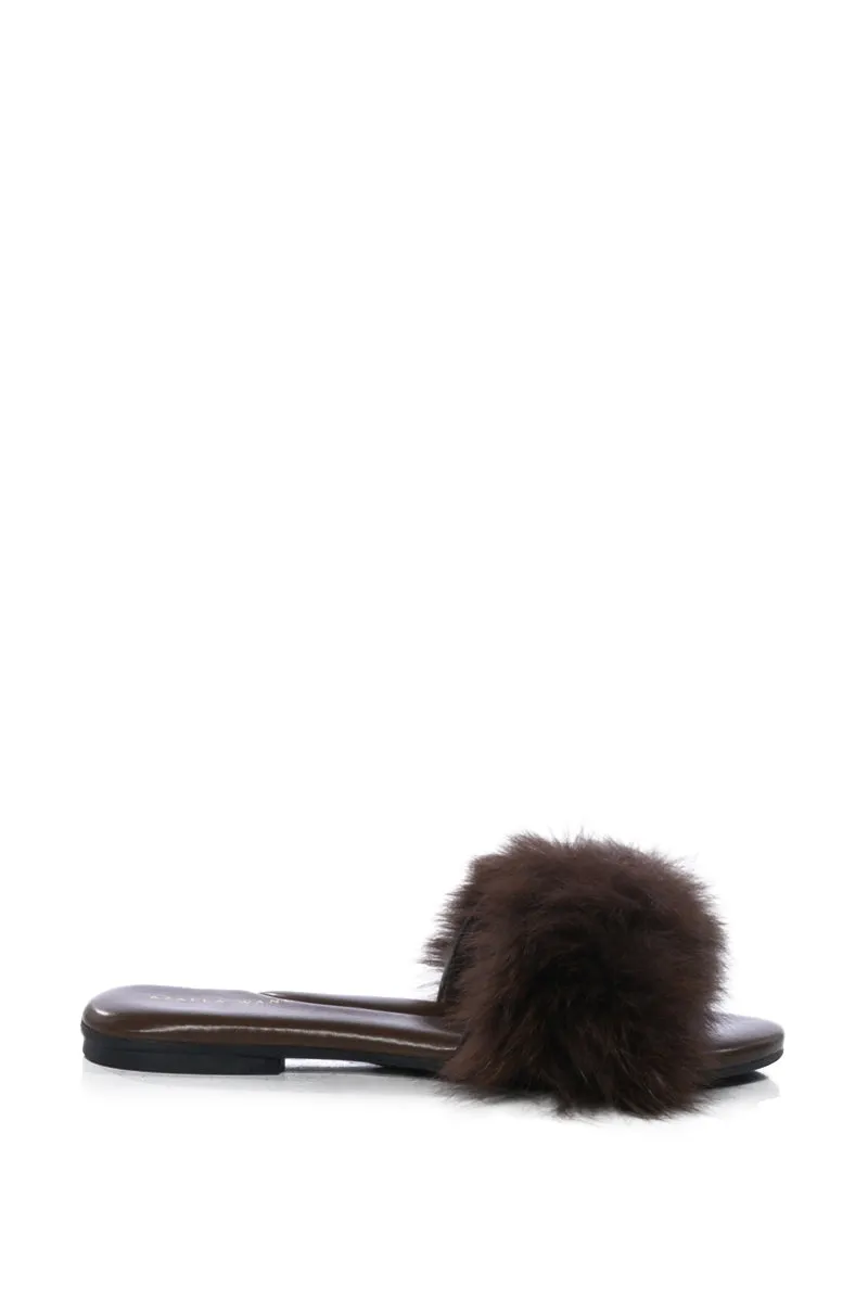 AZALEA WANG FOXY BASIC FUR FLAT SANDAL IN BROWN