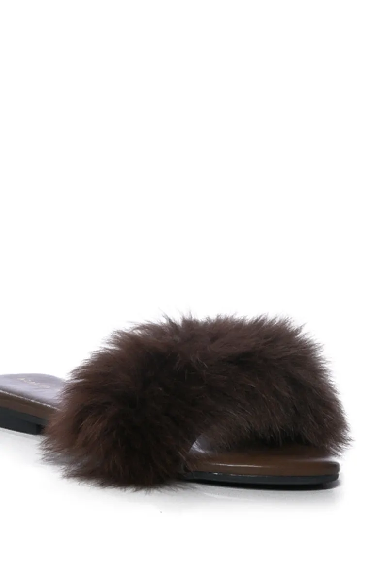 AZALEA WANG FOXY BASIC FUR FLAT SANDAL IN BROWN