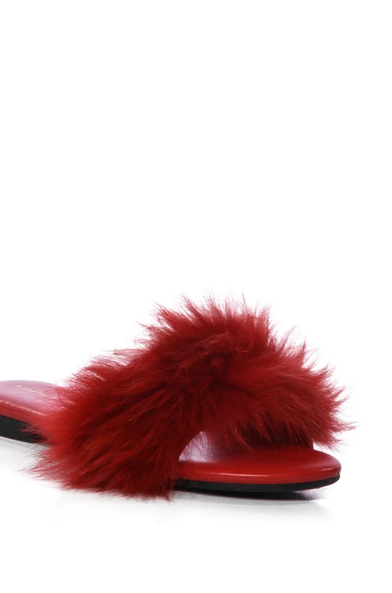 AZALEA WANG FOXY BASIC FUR FLAT SANDAL IN RED