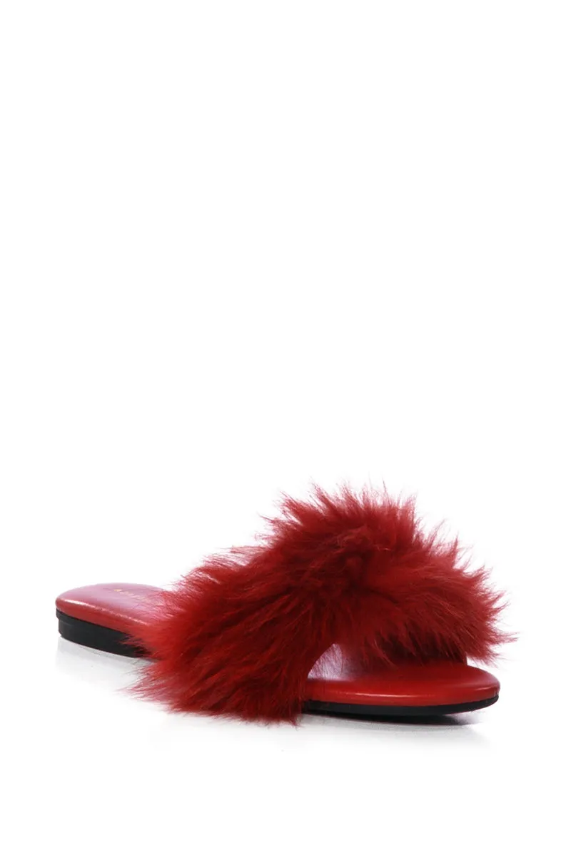 AZALEA WANG FOXY BASIC FUR FLAT SANDAL IN RED