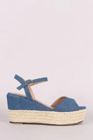 Bamboo Denim Ankle Strap Espadrille Platform Wedge