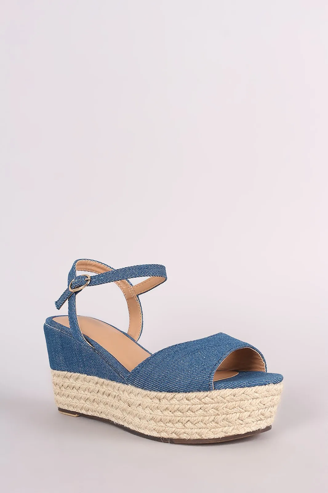 Bamboo Denim Ankle Strap Espadrille Platform Wedge