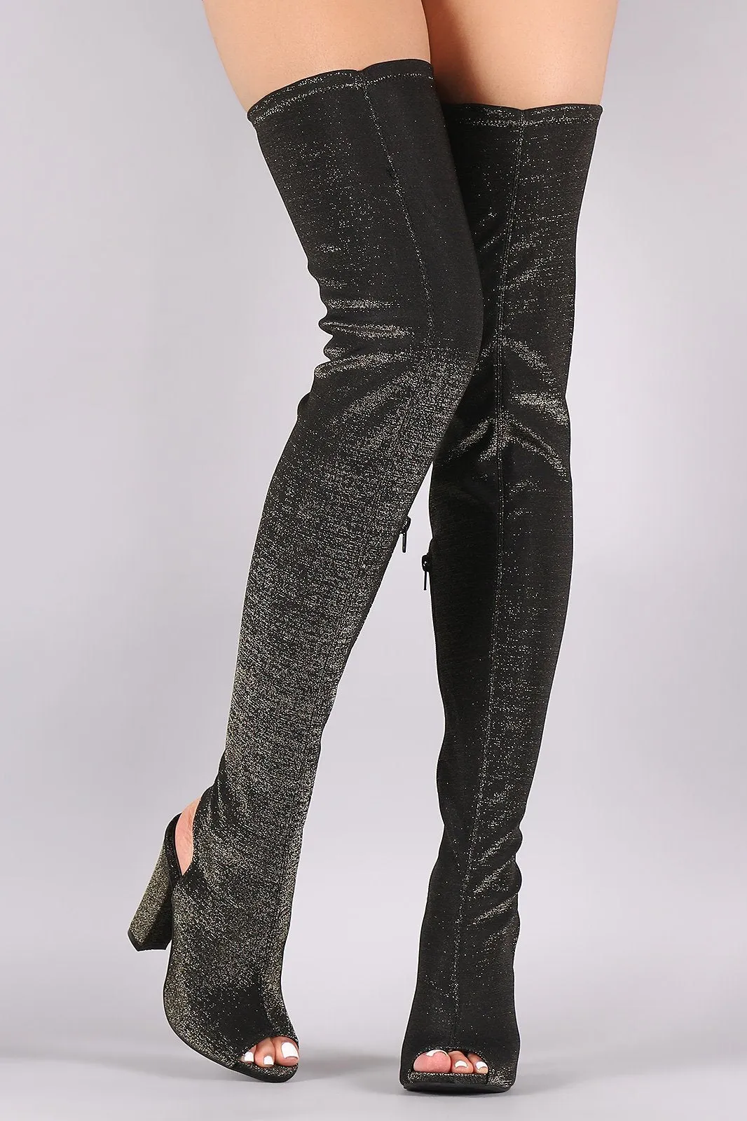 Bamboo Foiled Metallic Elastane Chunky Heeled Over-The-Knee Boots