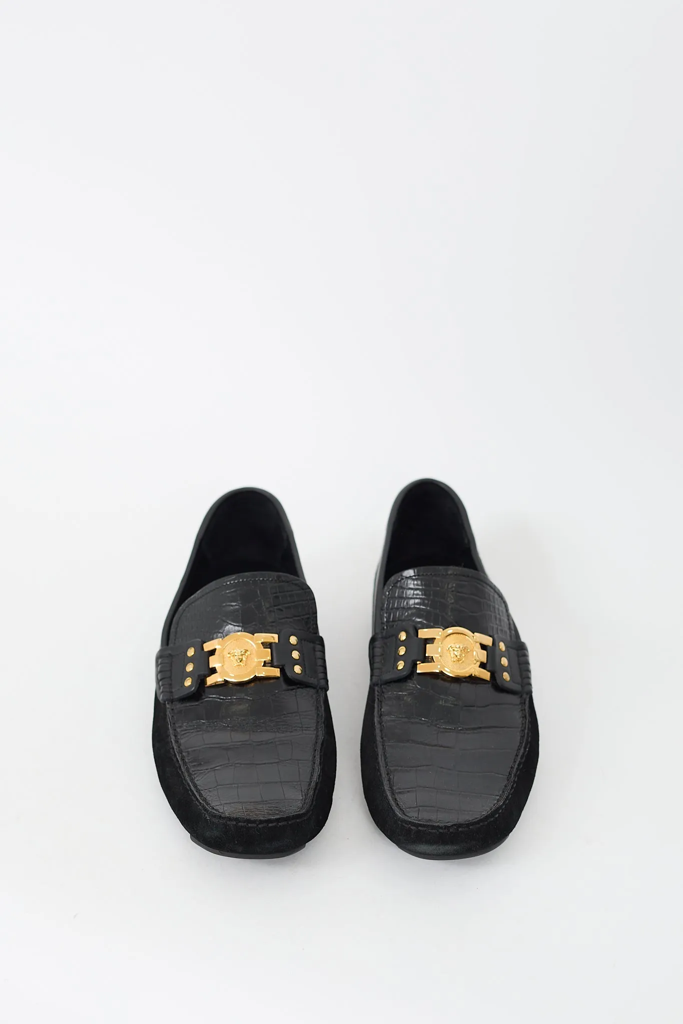 Black Embossed Leather & Suede Medusa Loafer