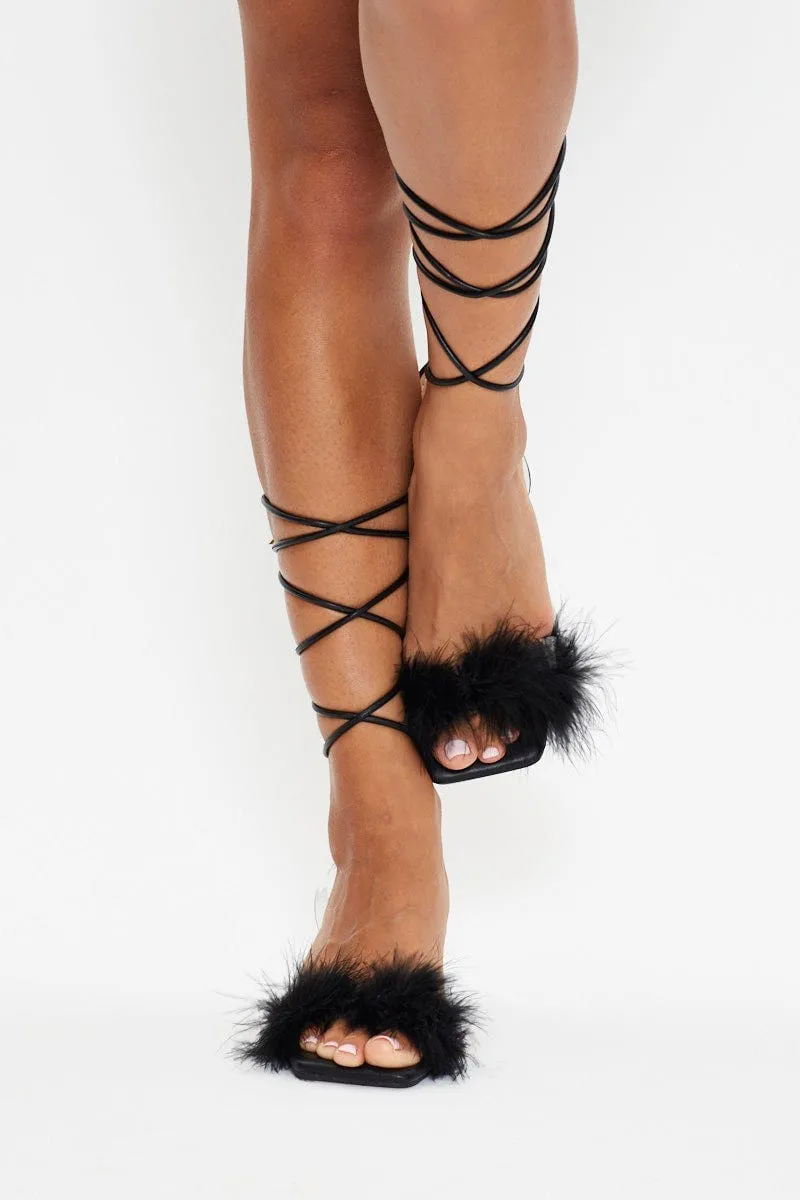 Black Faux Fur Lace Up Heels