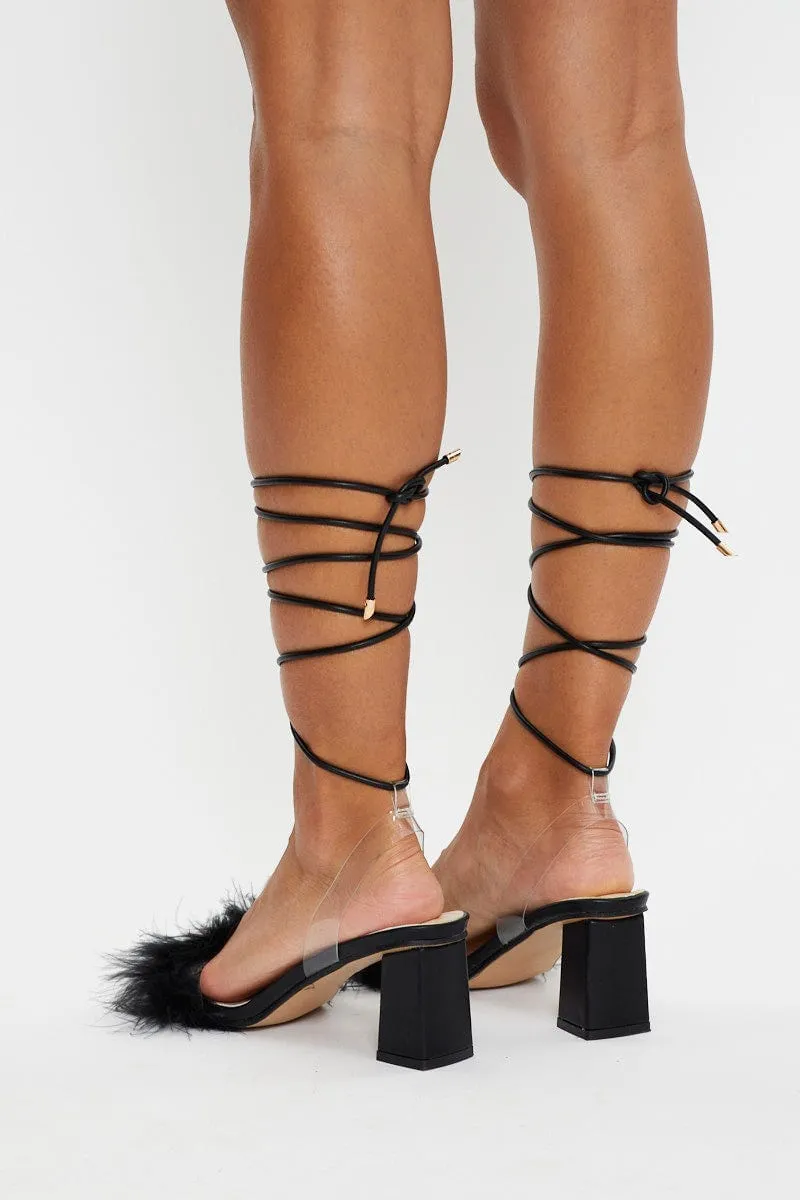 Black Faux Fur Lace Up Heels