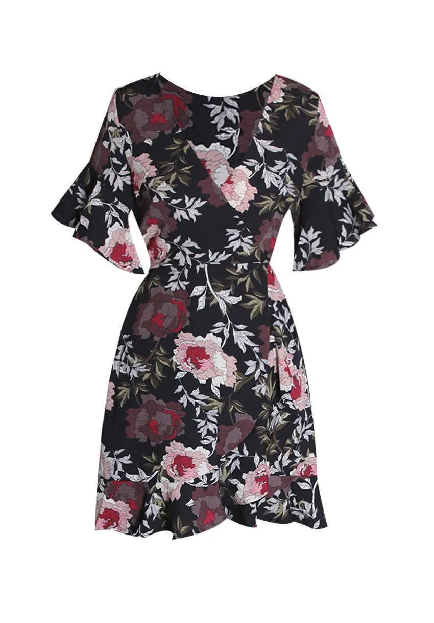 Black Floral Wrap Front Frill Detail Dress