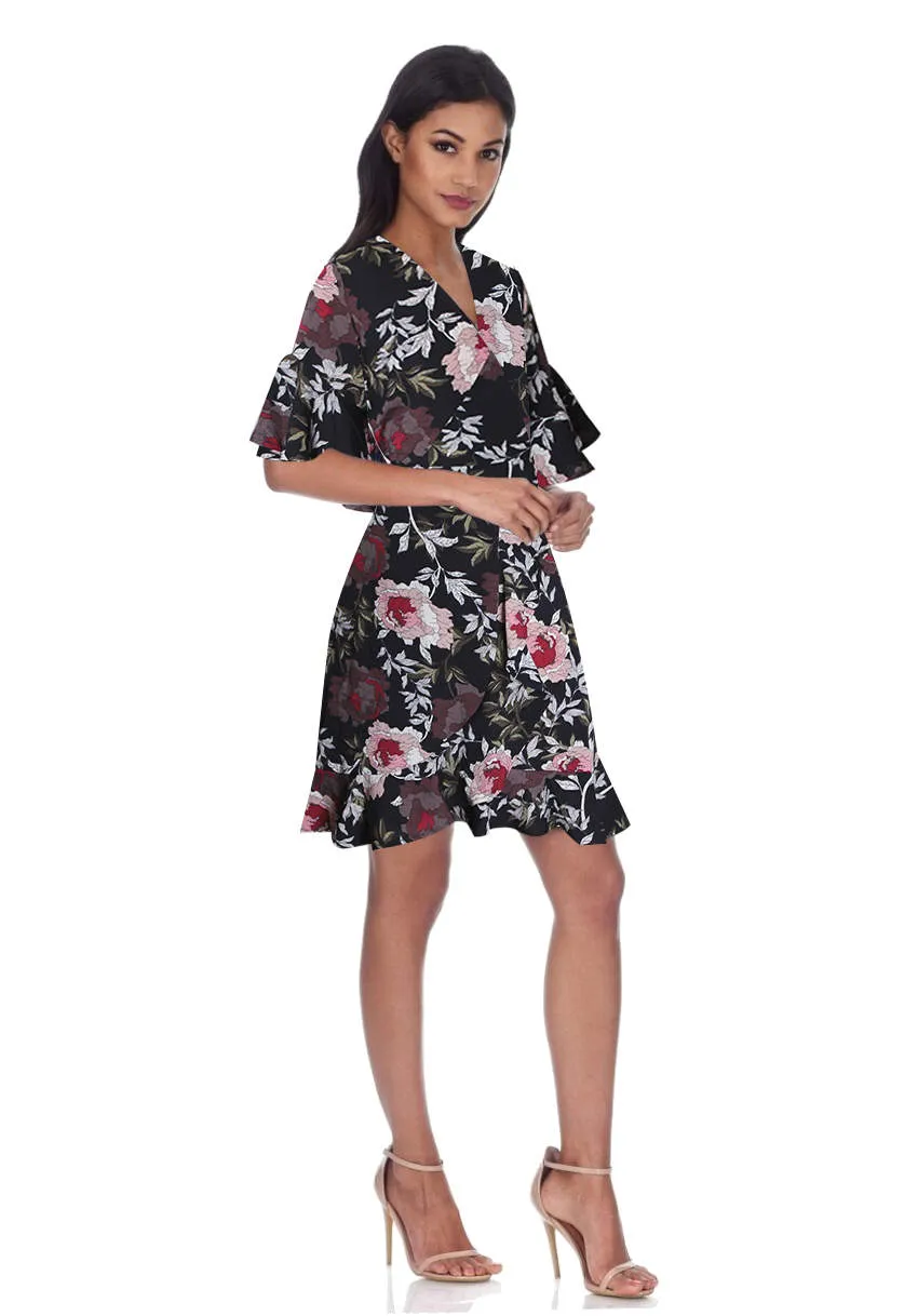 Black Floral Wrap Front Frill Detail Dress