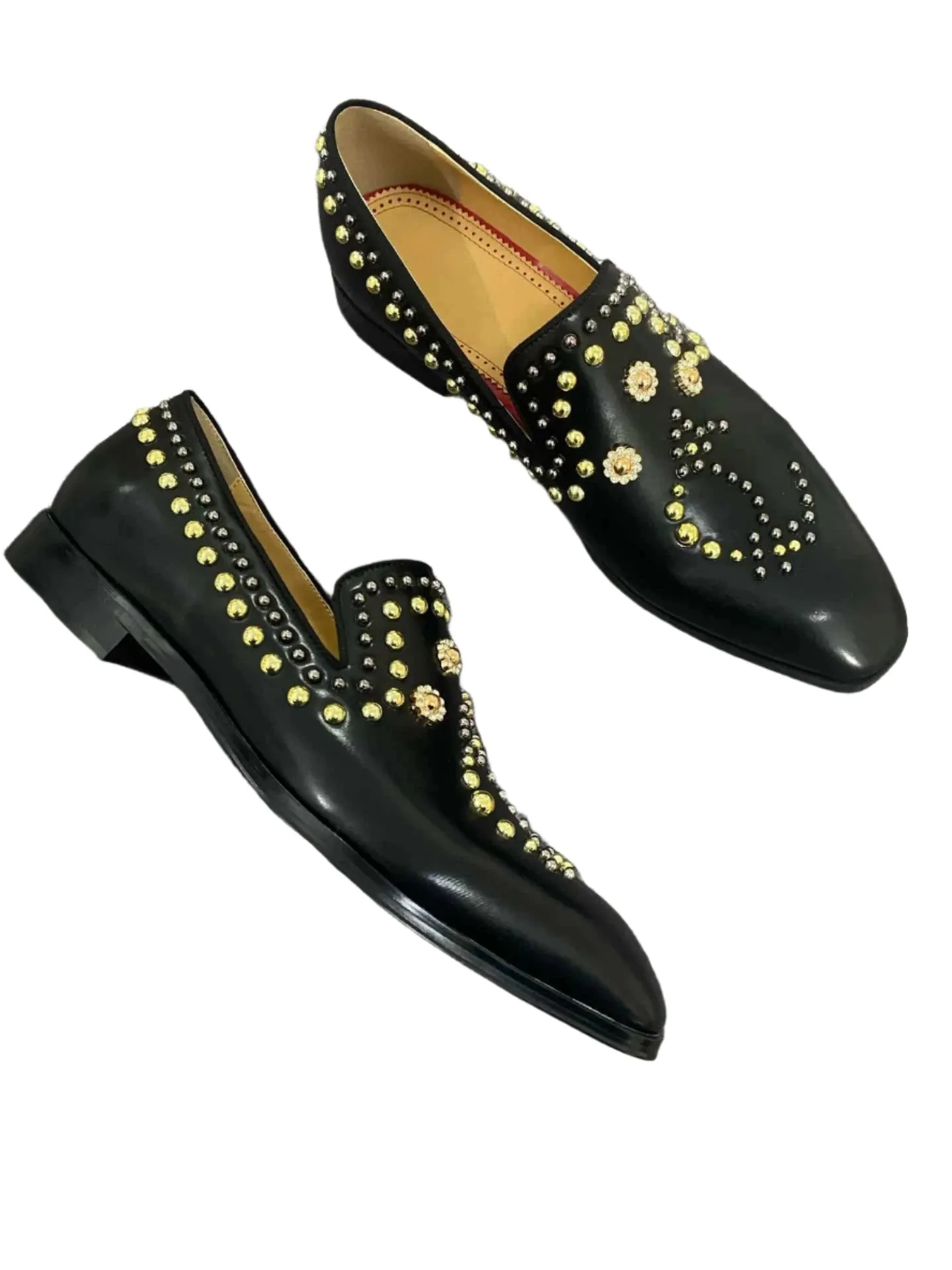 British Style Men's Designer Slip-On Loafers - Pointed Toe Rhinestone Rivet Flat Shoes for Wedding & Party