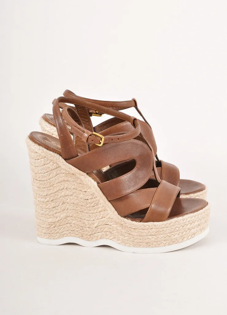 Brown Strappy Leather Platform Espadrille Wedges