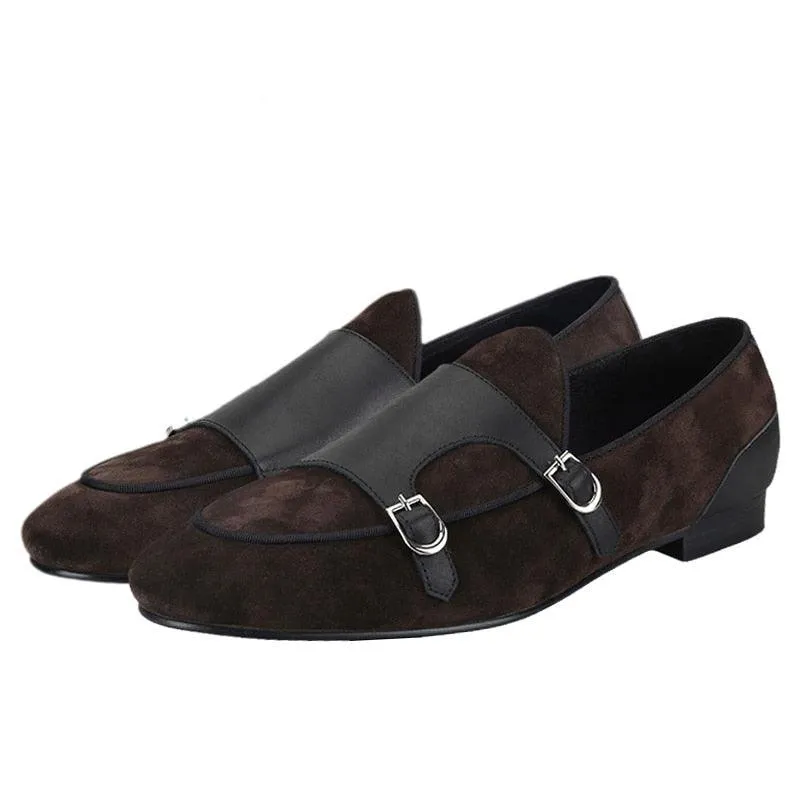 Dark Brown Suede Monk Strap Loafers - Men Shoes