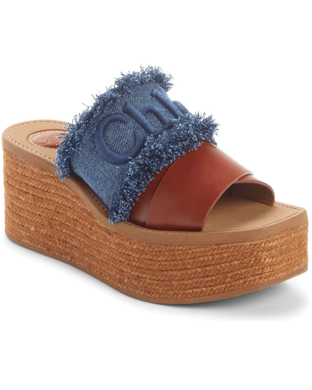 Denim and Leather Espadrille Platform Wedge Mules