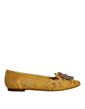 Dolce & Gabbana Lace Crystal Ballet Flats In Mustard Yellow