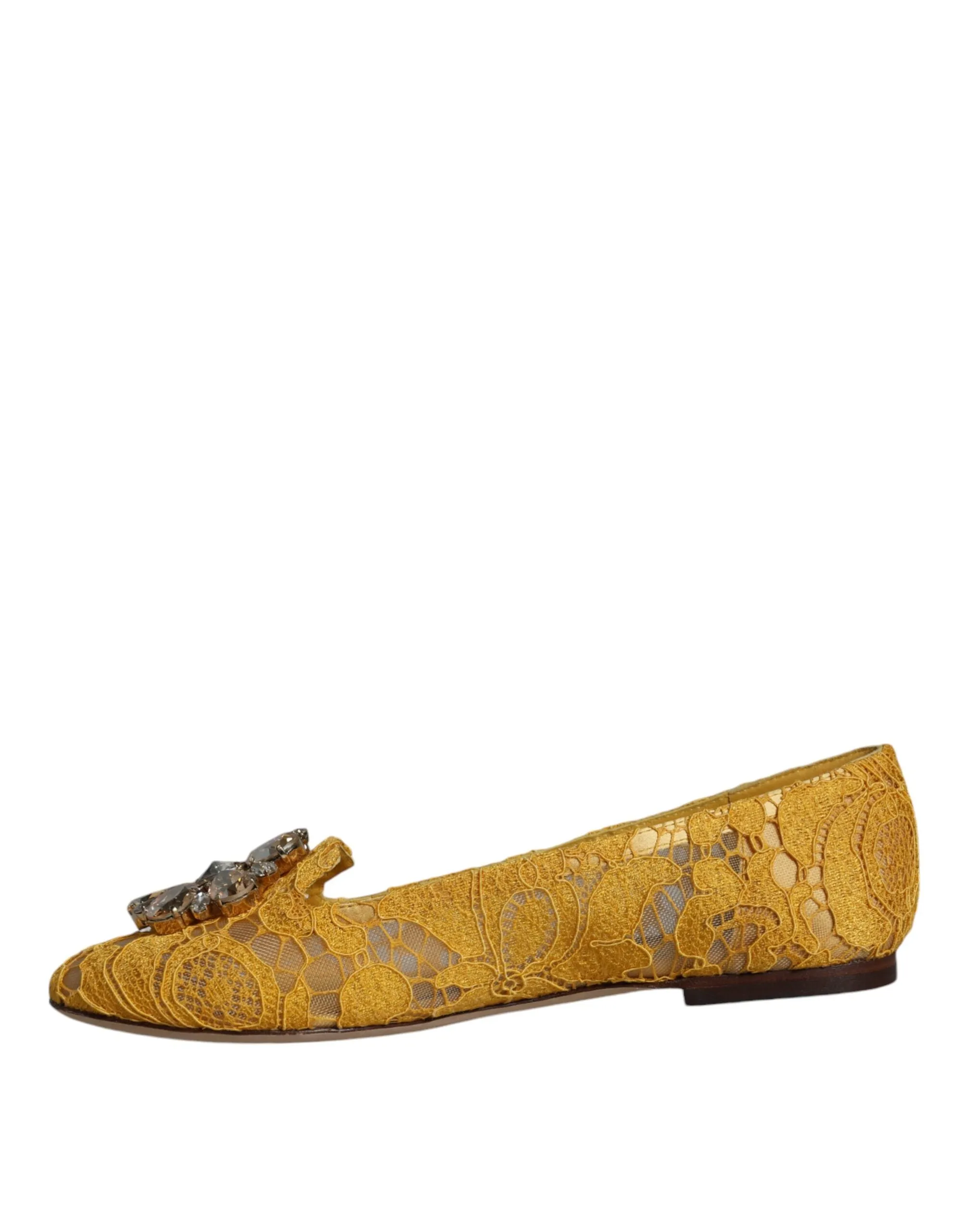 Dolce & Gabbana Lace Crystal Ballet Flats In Mustard Yellow