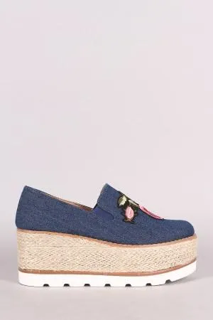 Embroidered Floral Denim Espadrille Flatform Loafer