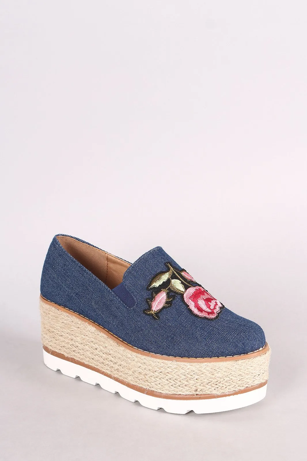 Embroidered Floral Denim Espadrille Flatform Loafer