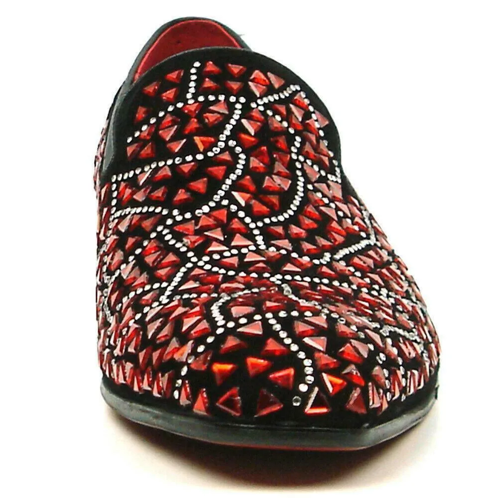 Fiesso Black Suede Red Rhinestones Formal Entertainer Slip on Shoes FI 7415