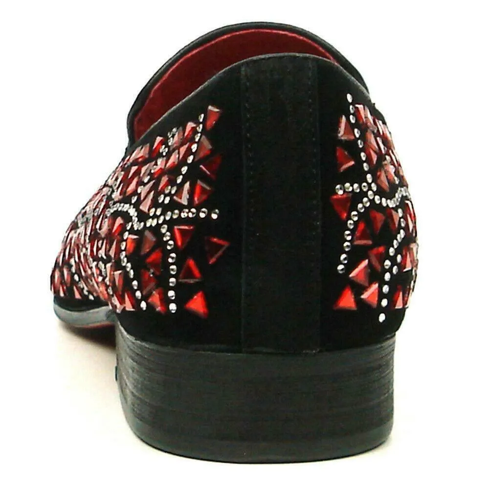 Fiesso Black Suede Red Rhinestones Formal Entertainer Slip on Shoes FI 7415