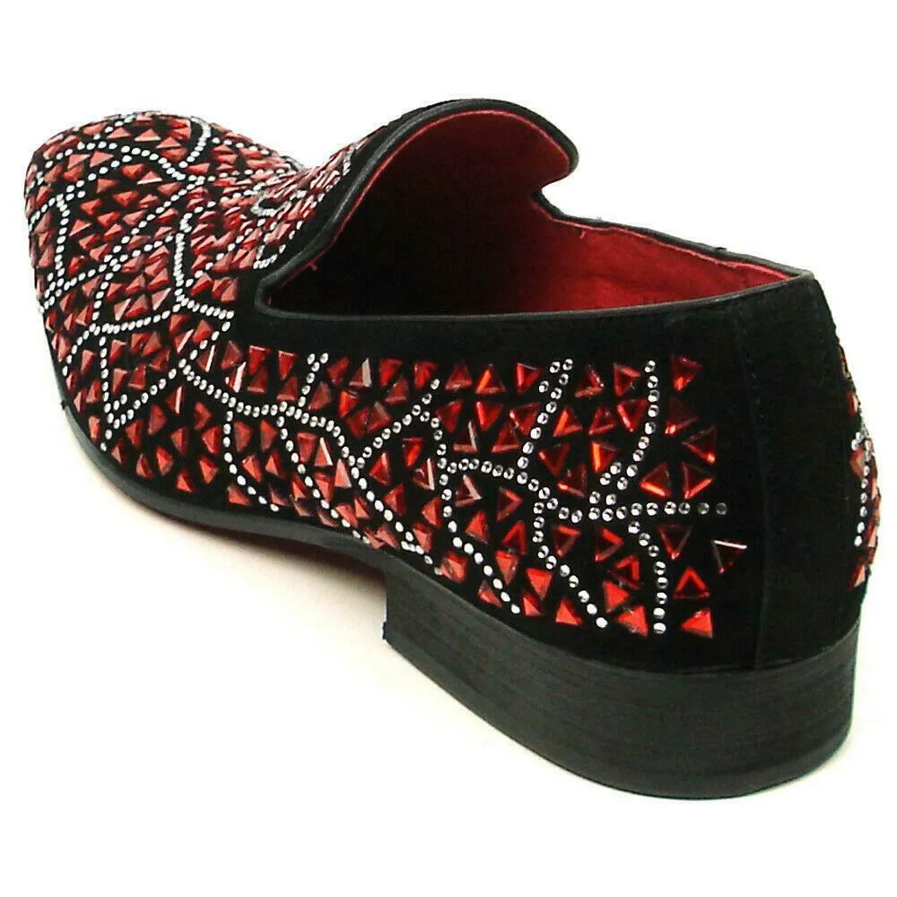 Fiesso Black Suede Red Rhinestones Formal Entertainer Slip on Shoes FI 7415