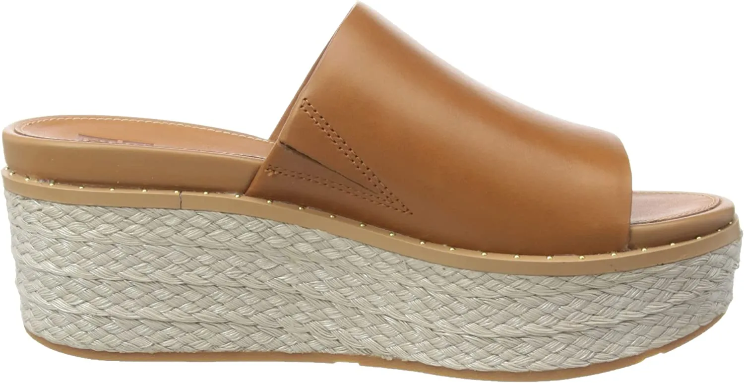 FitFlop Eloise Light Tan Slip On Open Round Toe Espadrille Wedge Leather Sandals