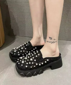 French Platform Slide Sandals Nail Bead Black Breathable Mesh XC1034