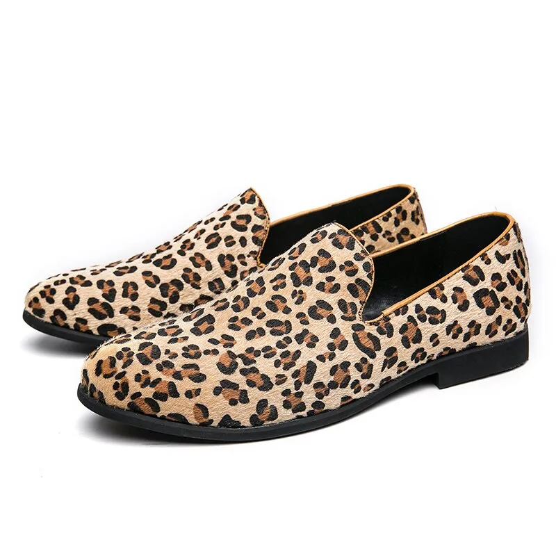 Hnzxzm Men Loafers Faux Suede Leopard Print Simple Rivet Slip-On Fashion Versatile Business Casual Wedding Party Daily Dress Shoes