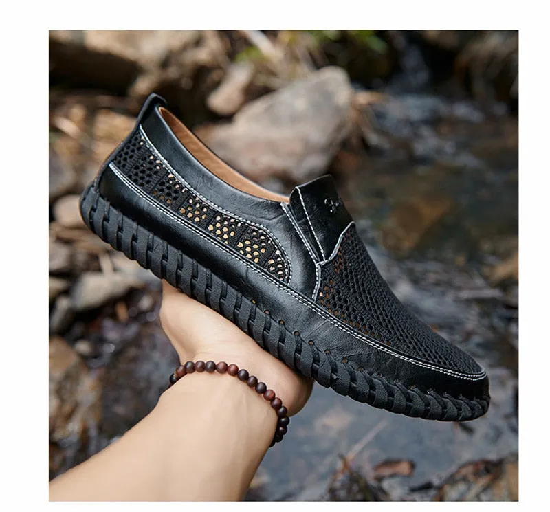 Hnzxzm New Summer Genuine Leather Men Loafers Breathable Mesh Shoes Soft Fashion Men Beach Sandals Summer Male Loafers A2398