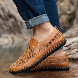 Hnzxzm New Summer Genuine Leather Men Loafers Breathable Mesh Shoes Soft Fashion Men Beach Sandals Summer Male Loafers A2398