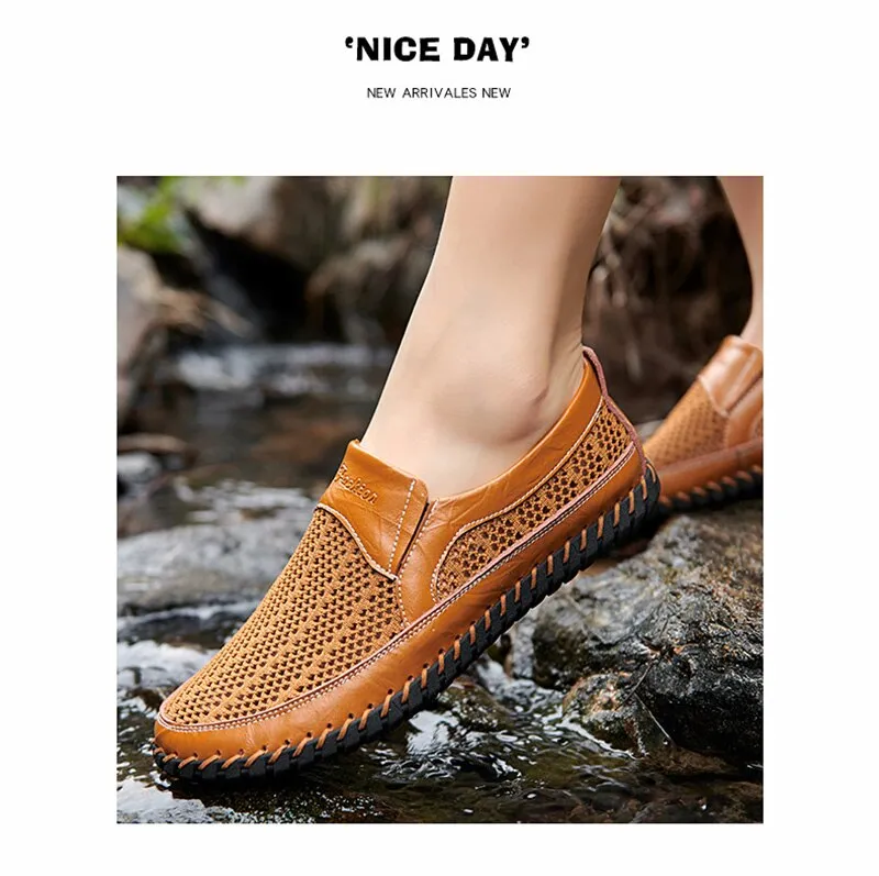 Hnzxzm New Summer Genuine Leather Men Loafers Breathable Mesh Shoes Soft Fashion Men Beach Sandals Summer Male Loafers A2398