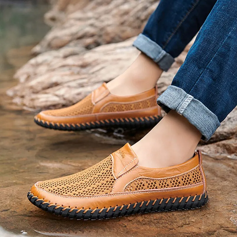 Hnzxzm New Summer Genuine Leather Men Loafers Breathable Mesh Shoes Soft Fashion Men Beach Sandals Summer Male Loafers A2398