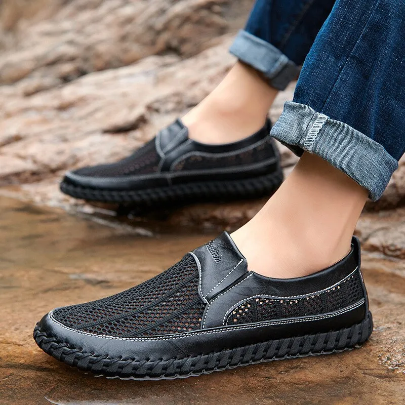 Hnzxzm New Summer Genuine Leather Men Loafers Breathable Mesh Shoes Soft Fashion Men Beach Sandals Summer Male Loafers A2398