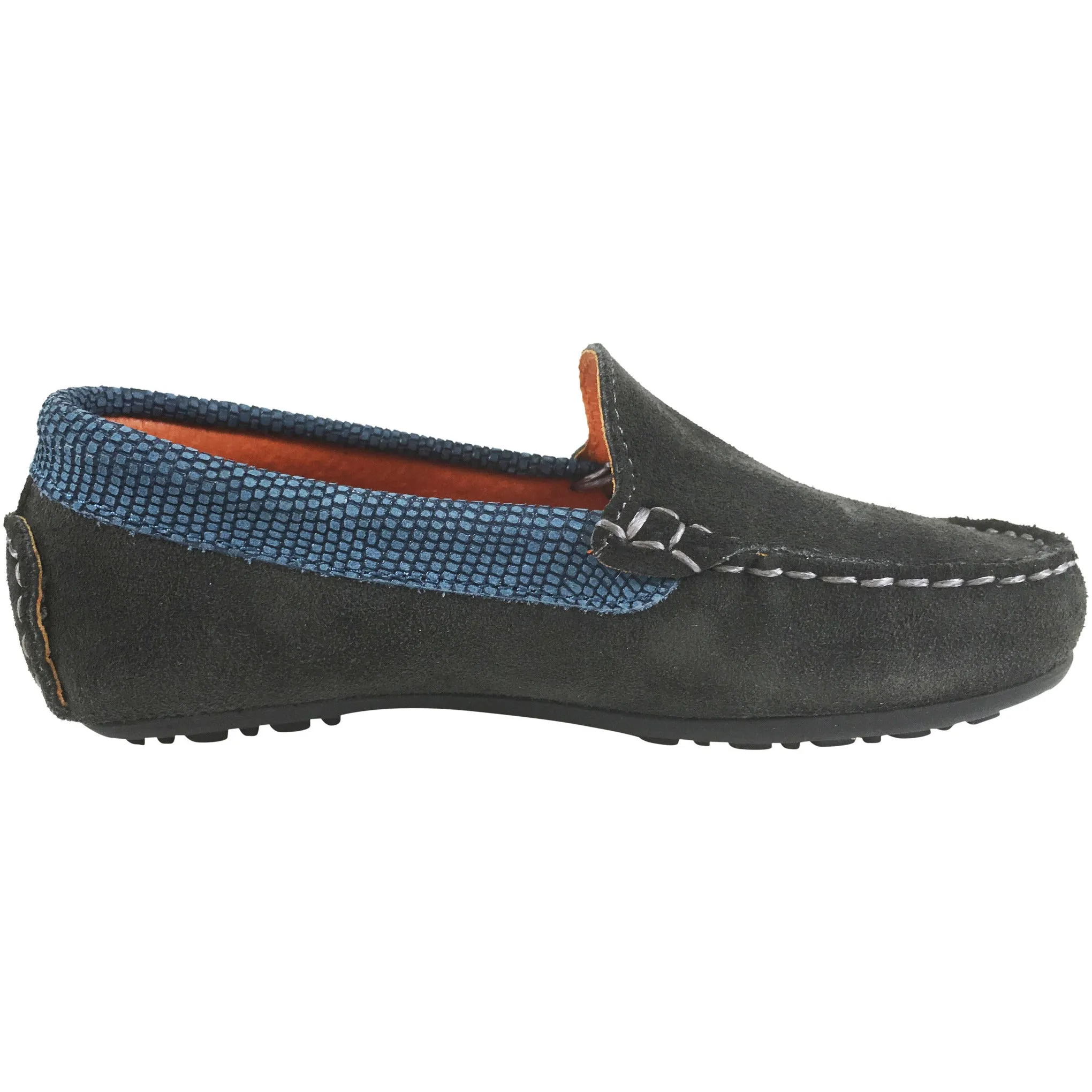 Hoo Shoes Dee's Boy's and Girl's Grey Suede Leather Lizard Trim Slip On Moccasin Shoe