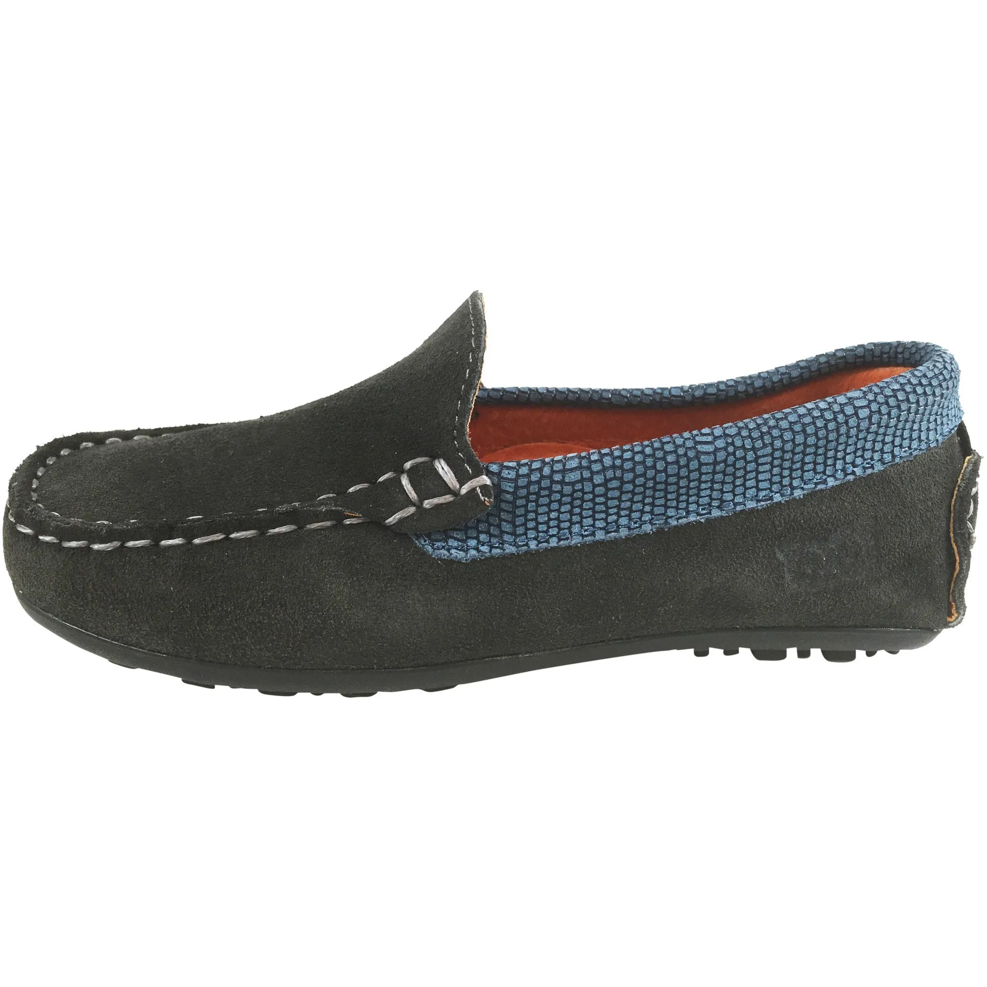 Hoo Shoes Dee's Boy's and Girl's Grey Suede Leather Lizard Trim Slip On Moccasin Shoe