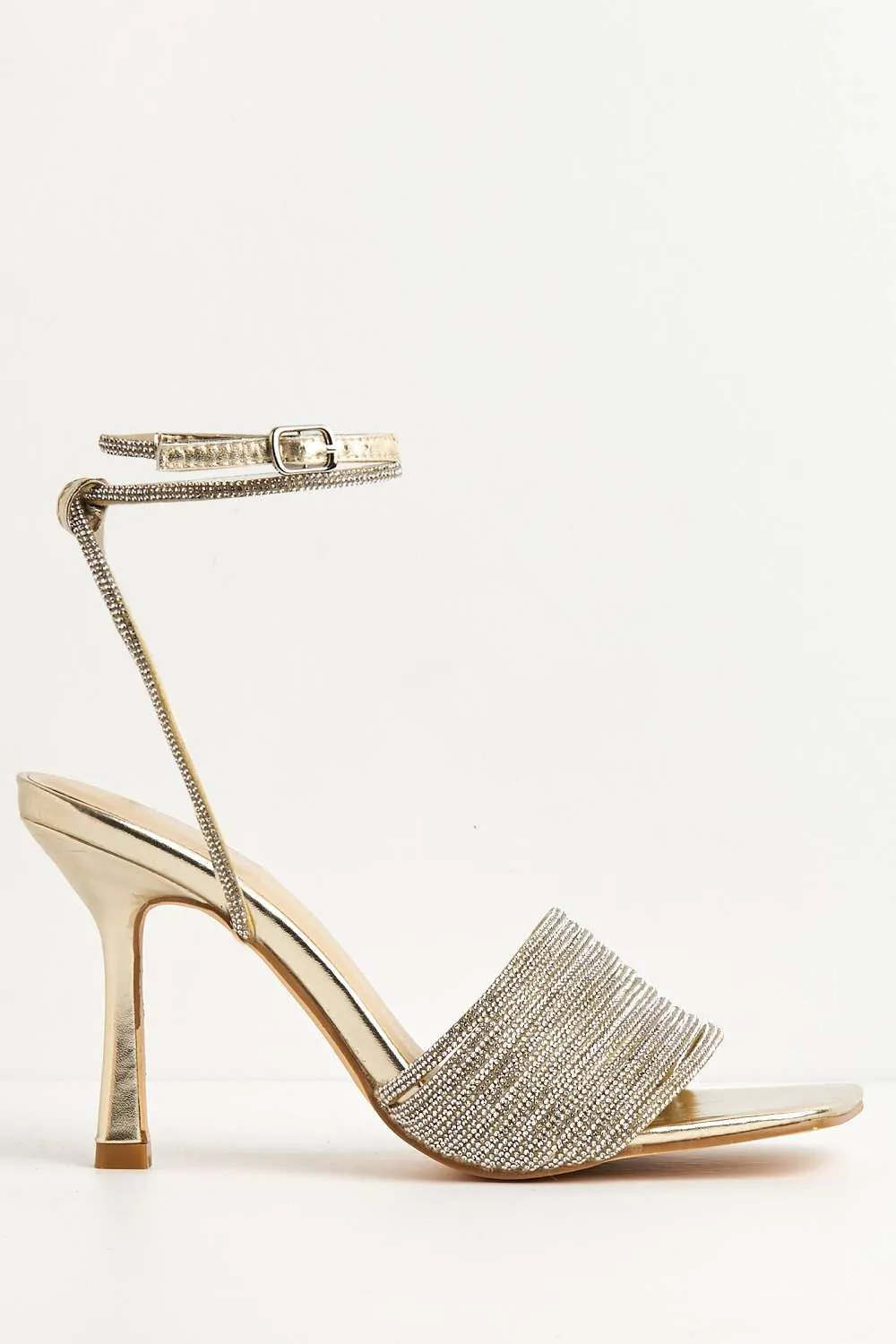 Izza Diamante Embellished Lace Up Ankle Strap Heels in Gold