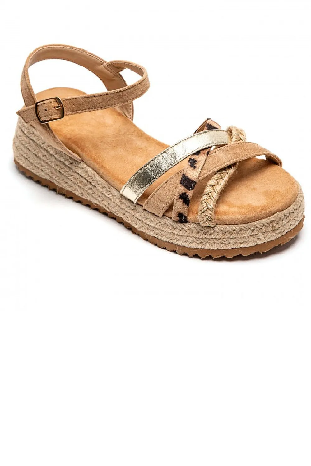 KHAKI LEOPARD STRAPPY LOW WEDGE ESPADRILLE RAFFIA SANDALS SHOES