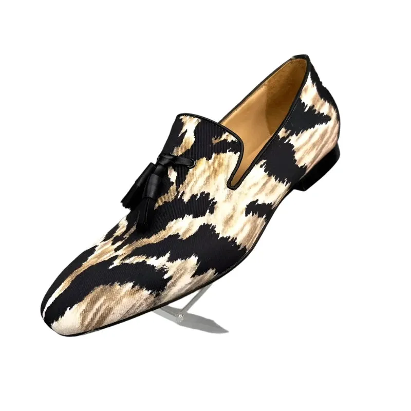 Men's Handmade Leopard Print Canvas Loafers - Stylish Tassel Slip-On Casual Flats for Summer