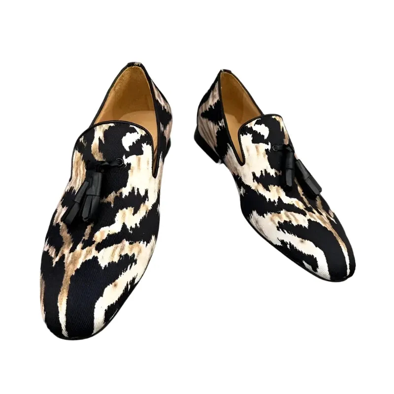 Men's Handmade Leopard Print Canvas Loafers - Stylish Tassel Slip-On Casual Flats for Summer