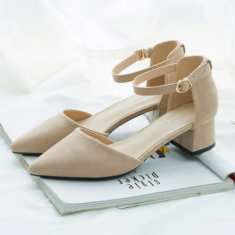 Nude Strappy Block Heels Chunky Heel Pointed High Heels