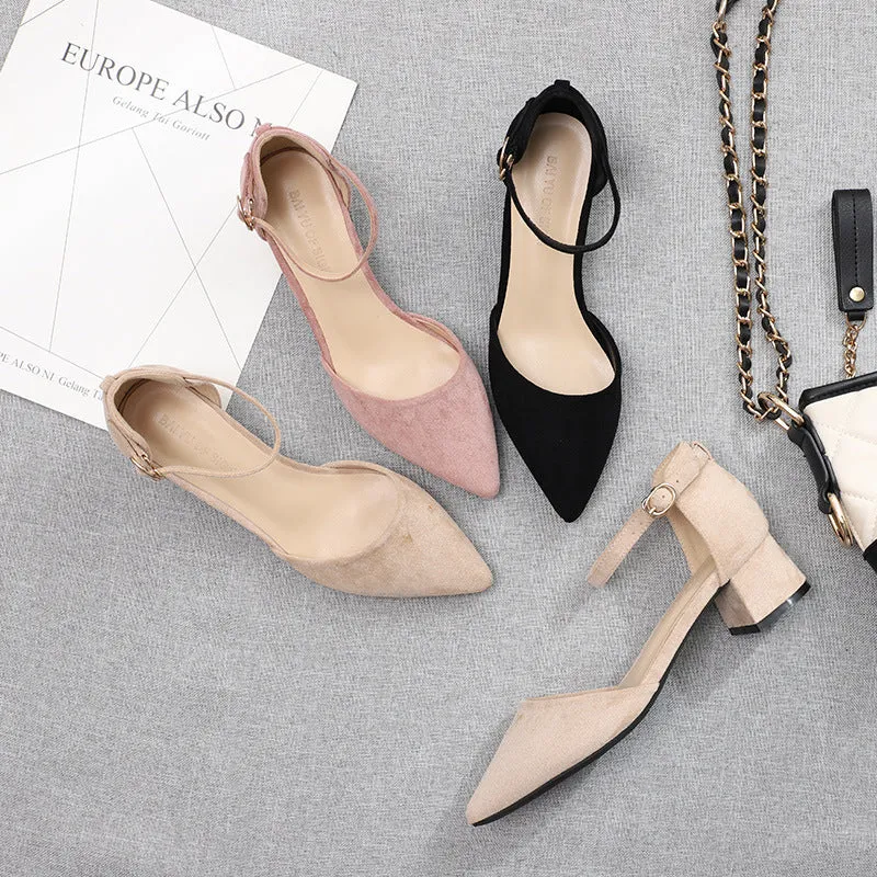 Nude Strappy Block Heels Chunky Heel Pointed High Heels