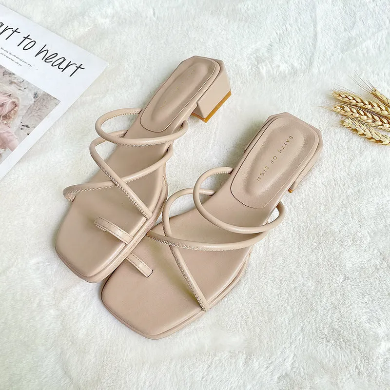 Nude Strappy Block Heels Women's Sandals